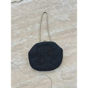 Black Beaded Women's Gold Tone Chain Evening Satiny Lined Clutch Shoulder Bag TG